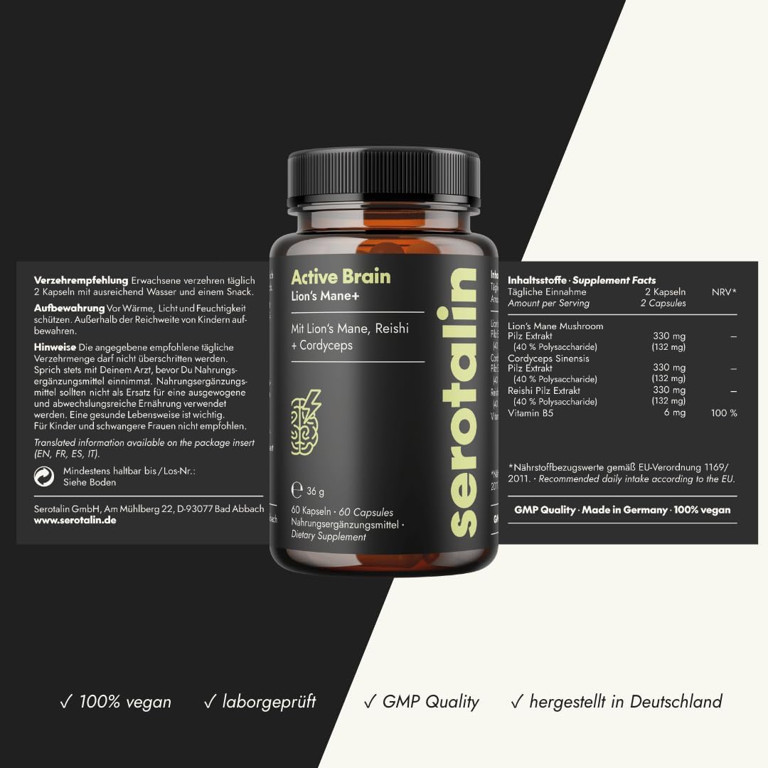 Ausdauer & Energie – serotalin Lions Mane+ I Cordyceps I 60 Mushroom Complex Capsules High Dose & No Additives | German Production & Laboratory Tested I Vegan – Bild 5