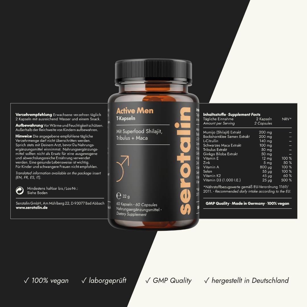 Ausdauer & Energie – Serotalin Active Men Testo All-in-One Bundle for Men, 60 Capsules with Maca & Shilajit + T-Vital Drink with Creatine & L-Citrulline, for Sports and Everyday Use – Bild 4