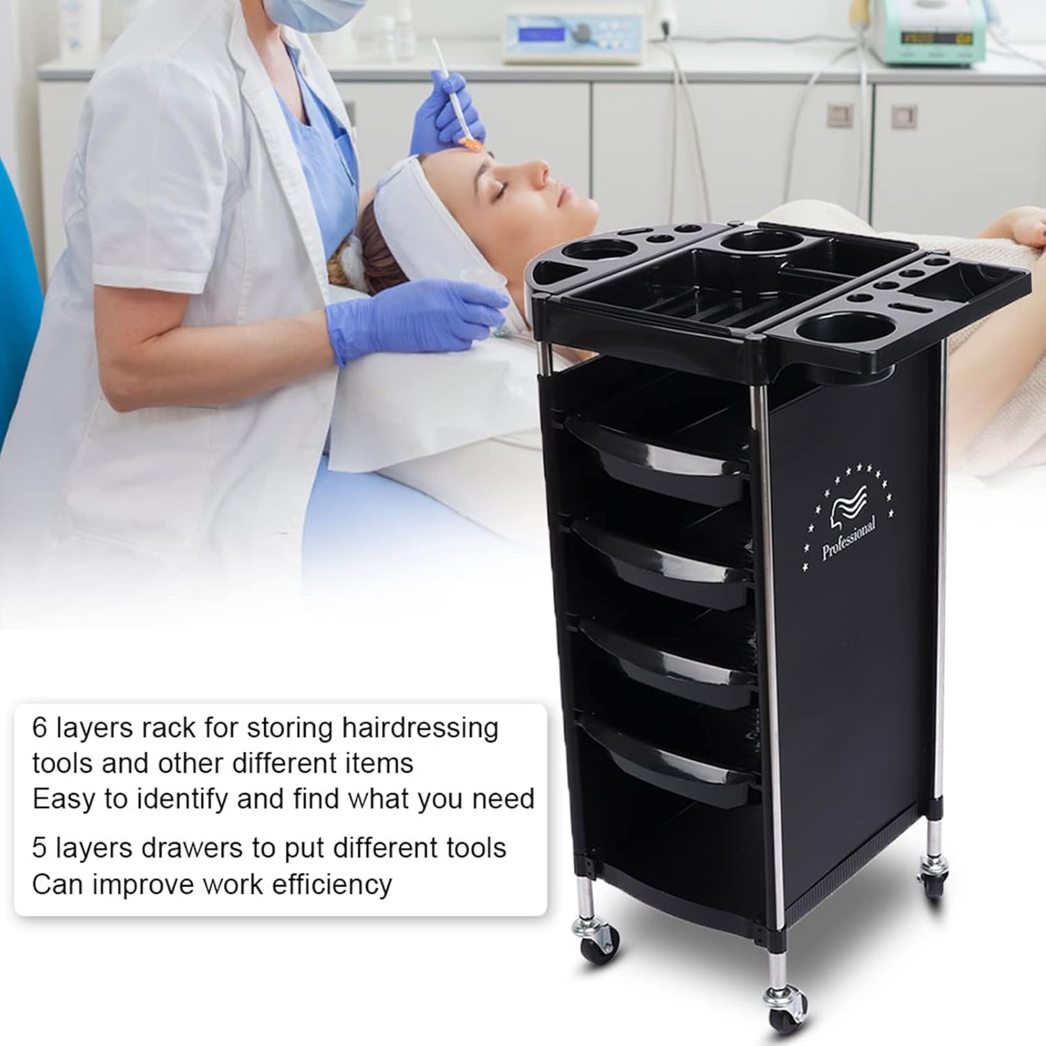 Potenzmittel & Standfestigkeit – 6-Layer Storage Trolley Salon Trolleys for Hairdressing Salon Tools with Wheels, Extendable Tray, 5 Drawers, Salon Trolley for Additional Hairdressing Storage – Bild 7