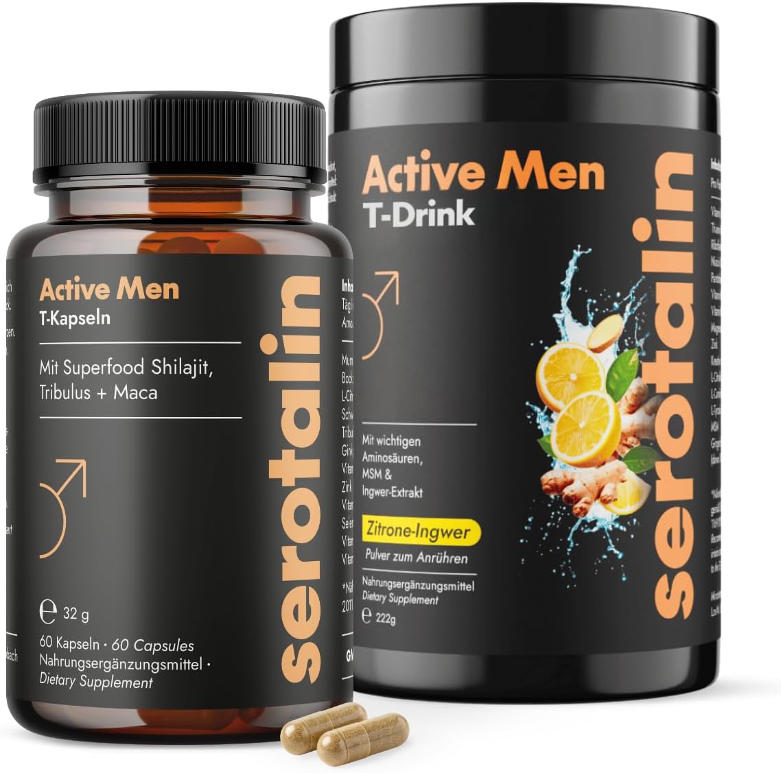 Ausdauer & Energie – Serotalin Active Men Testo All-in-One Bundle for Men, 60 Capsules with Maca & Shilajit + T-Vital Drink with Creatine & L-Citrulline, for Sports and Everyday Use