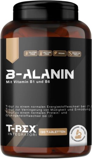 Ausdauer & Energie – Beta-Alanine 120 Tablets of 1000 mg | Dietary Supplement Based on B-Alanine with Vitamins B1 and B6. Potent Post-Workout Supplement for Muscle Recovery T-Rex Integratori.
