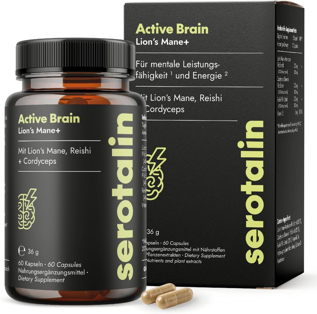 Ausdauer & Energie – serotalin Lions Mane+ I Cordyceps I 60 Mushroom Complex Capsules High Dose & No Additives | German Production & Laboratory Tested I Vegan