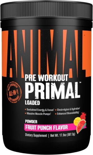 Ausdauer & Energie – ANIMAL Primal Pre Workout Fruit Punch - Training Booster with 300 mg Caffeine, 3DPUMP, Electrolytes & Beta-Alanine - Pre Workout Powder for Energy, Pump & Focus - Sugar Free - 507.5 g