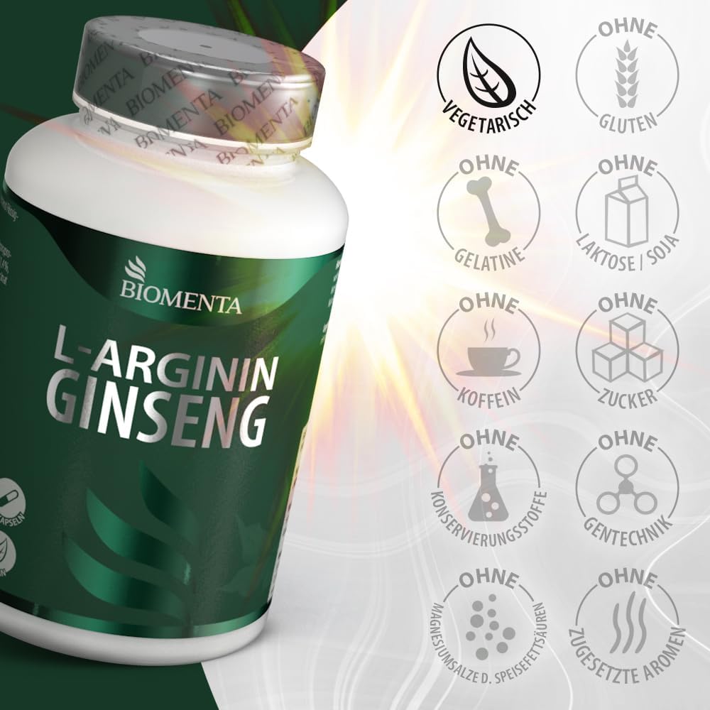 Potenzmittel & Standfestigkeit – BIOMENTA Arginine Ginseng - 240 Amino Acid Capsules High Dose - Active Ingredient Complex with L-Arginine, Ginseng Root, Maca, Tribulus Terrestris, Zinc, Selenium - Vegan - Premium Quality – Bild 4