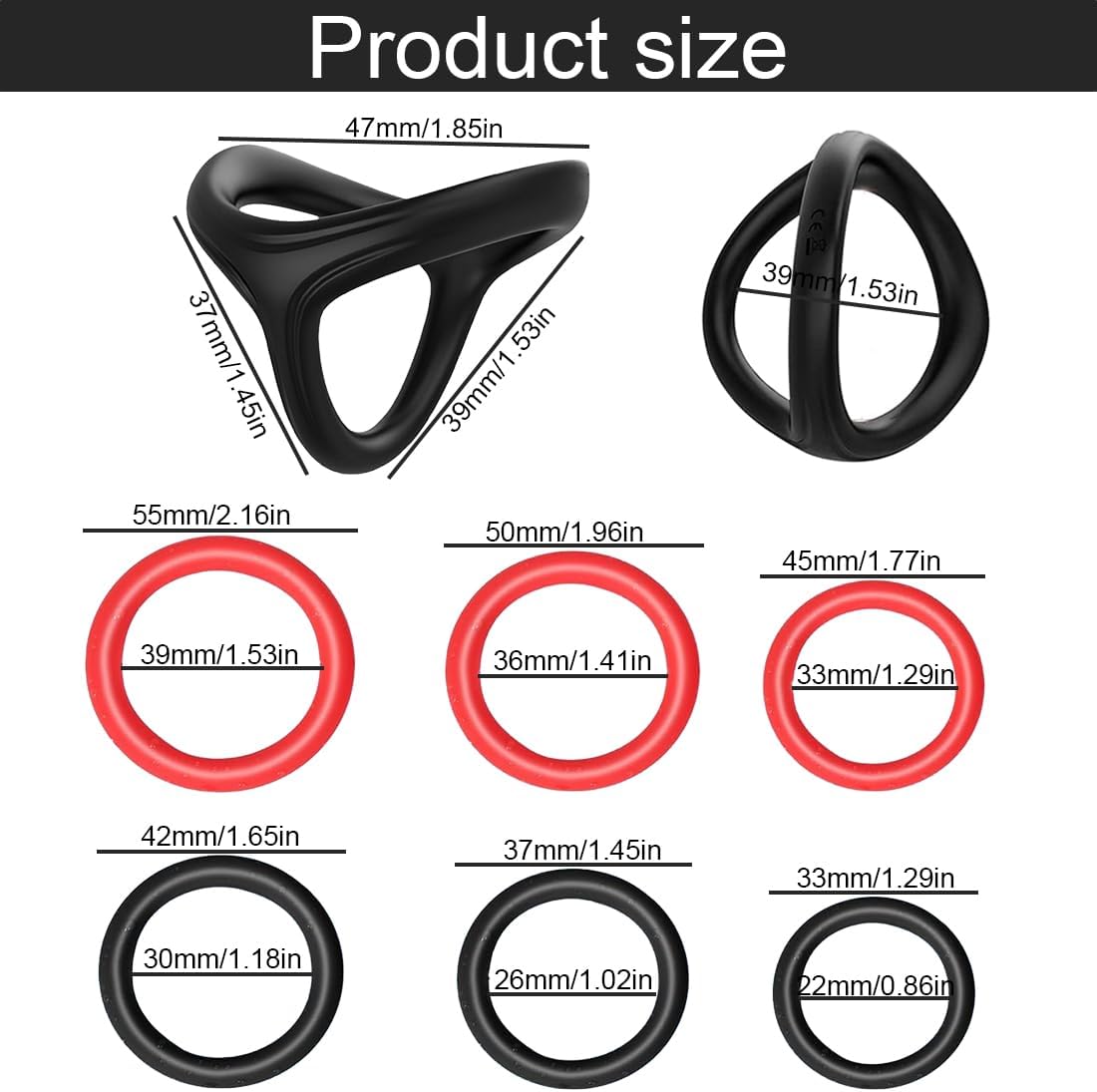 Potenzmittel & Standfestigkeit – Triangular Rings, Pack of 7 Silicone Cock Rings, Testicle Rings, Erotic Sex Toy, for a Harder and Longer Erection, for Any Size , Black & Red – Bild 2