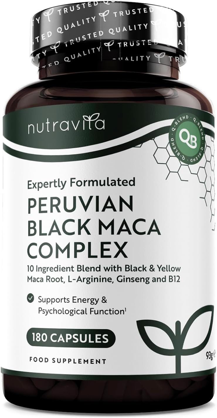Potenzmittel & Standfestigkeit – Schwarzer Maca Komplex 6000mg mit Zink Ginseng, Bockshornklee, L Arginin, Vitamin B6 & Vitamin B12 für Energiestoffwechsel und Psychischen Funktion (EFSA) 180 Maca Kapseln für 6 Monate - Nutravita