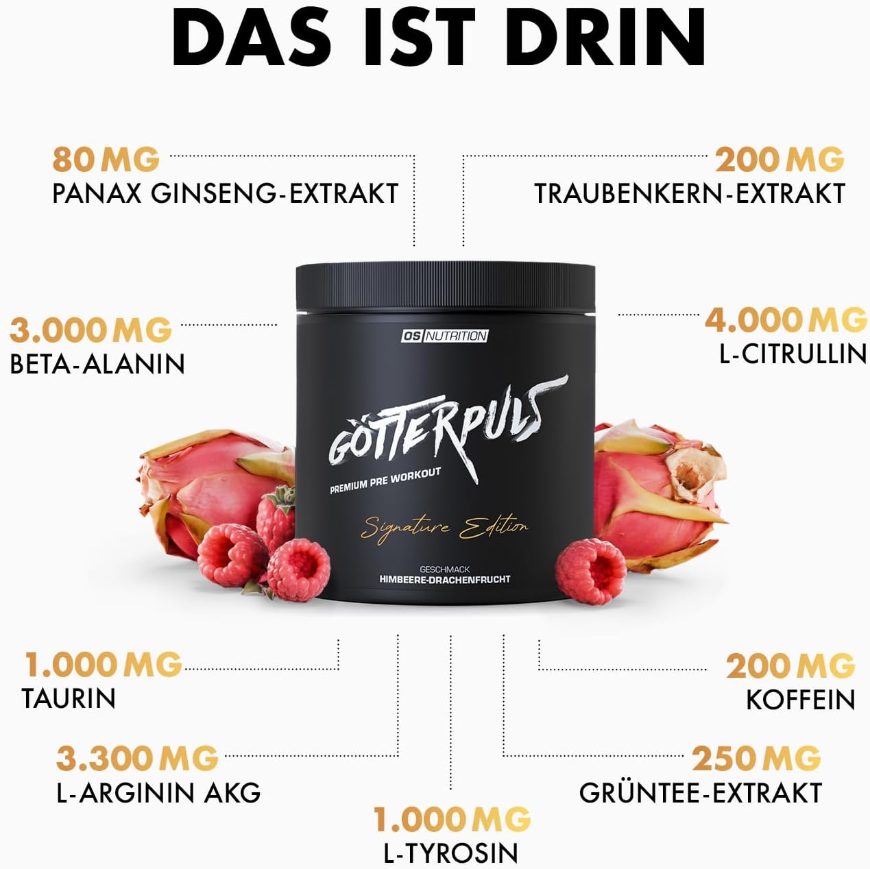 Ausdauer & Energie – OS NUTRITION Götterpuls Premium Pre Workout Booster Signature Edition 395 g (Raspberry Dragon Fruit) – Bild 2