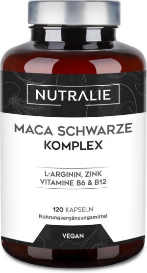 Ausdauer & Energie – Nutralie Black Maca from Peru / Each Dose of 1,200 mg Equivalent to 24,000 mg / with L-Arginine, Zinc and Vitamins B6 & B12 / 120 Vegetable Capsules with Highly Concentrated Maca Extract (20:1)