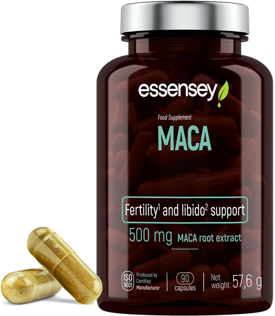 Potenzmittel & Standfestigkeit – ESSENSEY - 500 mg Maca Extract, Adaptogenic Plant, 90 Capsules, Endurance and Vitality, Vegetarian & No Additives, 90 Daily Doses, Easy to Swallow, Laboratory Tested
