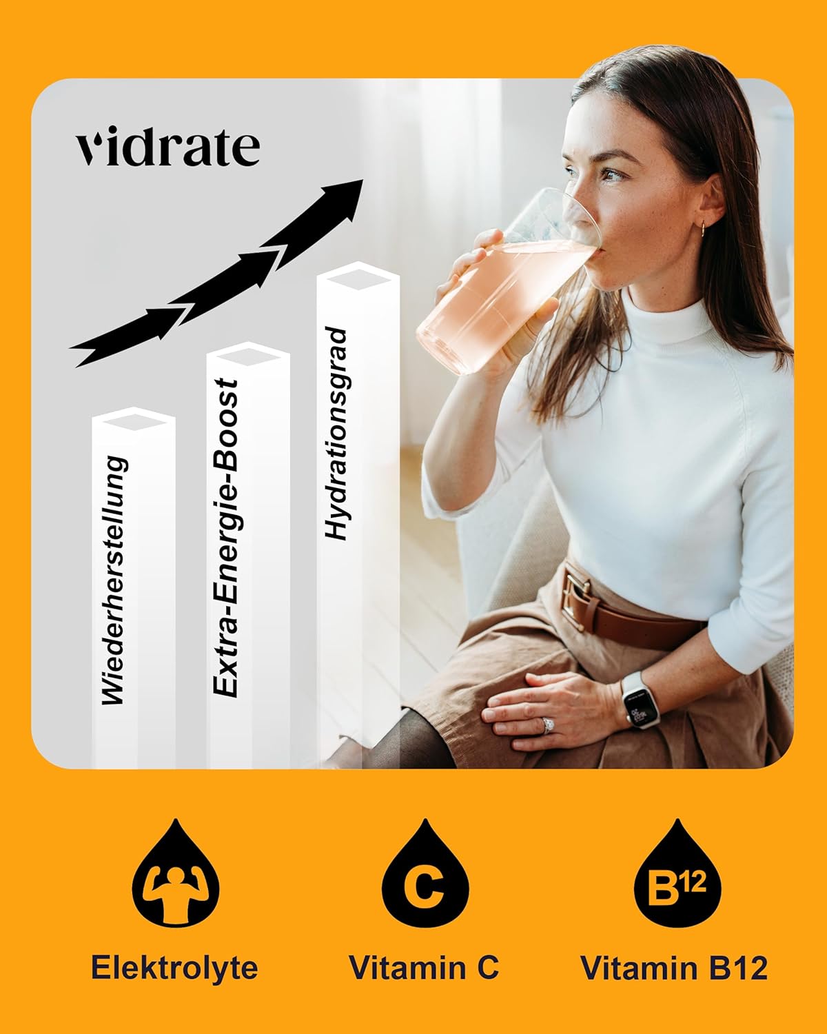 Ausdauer & Energie – ViDrate Electrolyte Powder without Sugar - Orange & Peach Flavoured Electrolyte Drink with Vitamins & Natural Ingredients for Adults - Pack of 8 Hydration Powder Bags – Bild 3