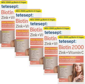 Potenzmittel & Standfestigkeit – tetesept Biotin 2000 + Silica - 5 x 30 Tablets - Dietary Supplement with Zinc for Skin, Hair & Nails