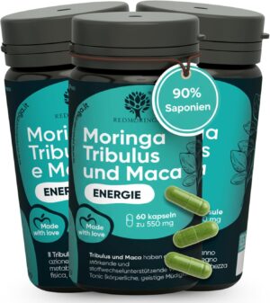 Ausdauer & Energie – RedMoringa Tribulus Terrestris, Maca & Organic Moringa Capsules - 90% Saponins Strength & Testosterone Booster - Support for Muscle Building & Libido | 180 Capsule