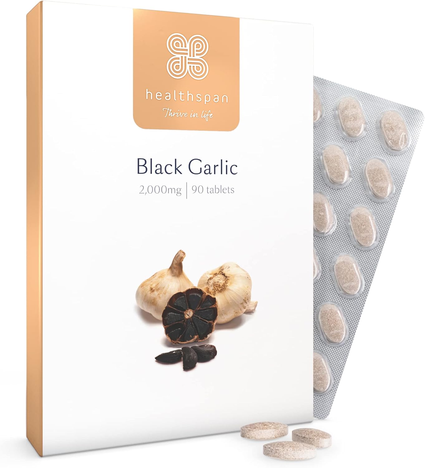 Potenzmittel & Standfestigkeit – Healthspan Black Garlic 2,000 mg | Additional Vitamin B1 | Rich in Amino Acids | Odour Controlled Tablets | Vegan | 90 Tablets