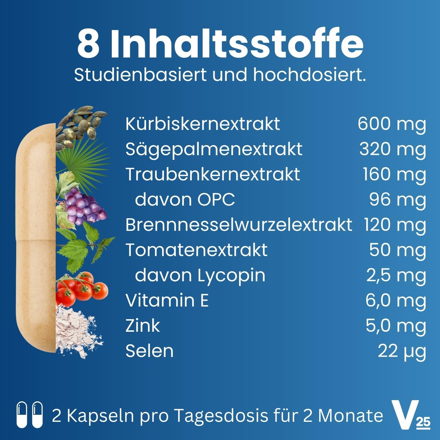 Ausdauer & Energie – Prosta Complex Capsules in Brown Glass - High Dose with Saw Palmetto Extract, Nettle, Pumpkin Seed, OPC, Lycopene, Vitamin E, Zinc, Selenium - Vegan - 120 Capsules for 2 Months Vital25® – Bild 4
