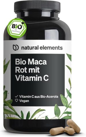 Potenzmittel & Standfestigkeit – natural elements Organic Maca Red - 3000 mg Organic Maca Red per Daily Dose - 180 Capsules - With Natural Vitamin C, No Magnesium Stearate - Certified Organic, High Dose, Vegan, & Laboratory Tested