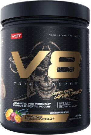 Ausdauer & Energie – V8 Total Energy - Pre Workout Booster - Training Booster - CarnoSyn®, BetaPower®, Natural Caffeine - Vegan - Sugar Free - 20 Servings - Made in Germany (Orange Passionfruit)