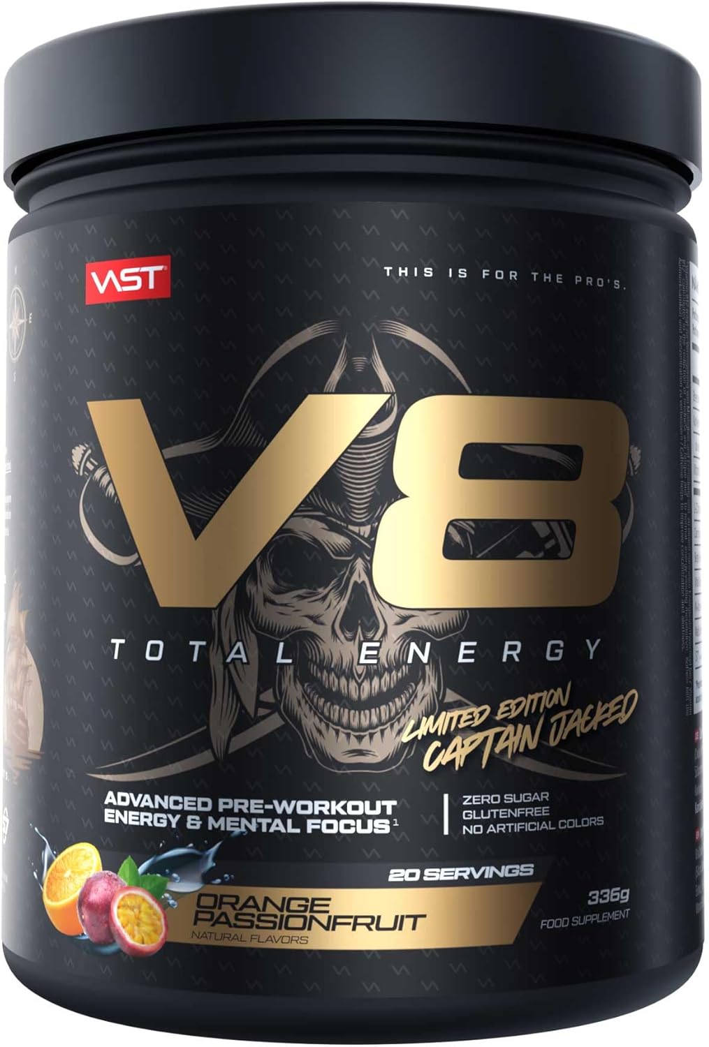 Ausdauer & Energie – V8 Total Energy - Pre Workout Booster - Training Booster - CarnoSyn®, BetaPower®, Natural Caffeine - Vegan - Sugar Free - 20 Servings - Made in Germany (Orange Passionfruit)