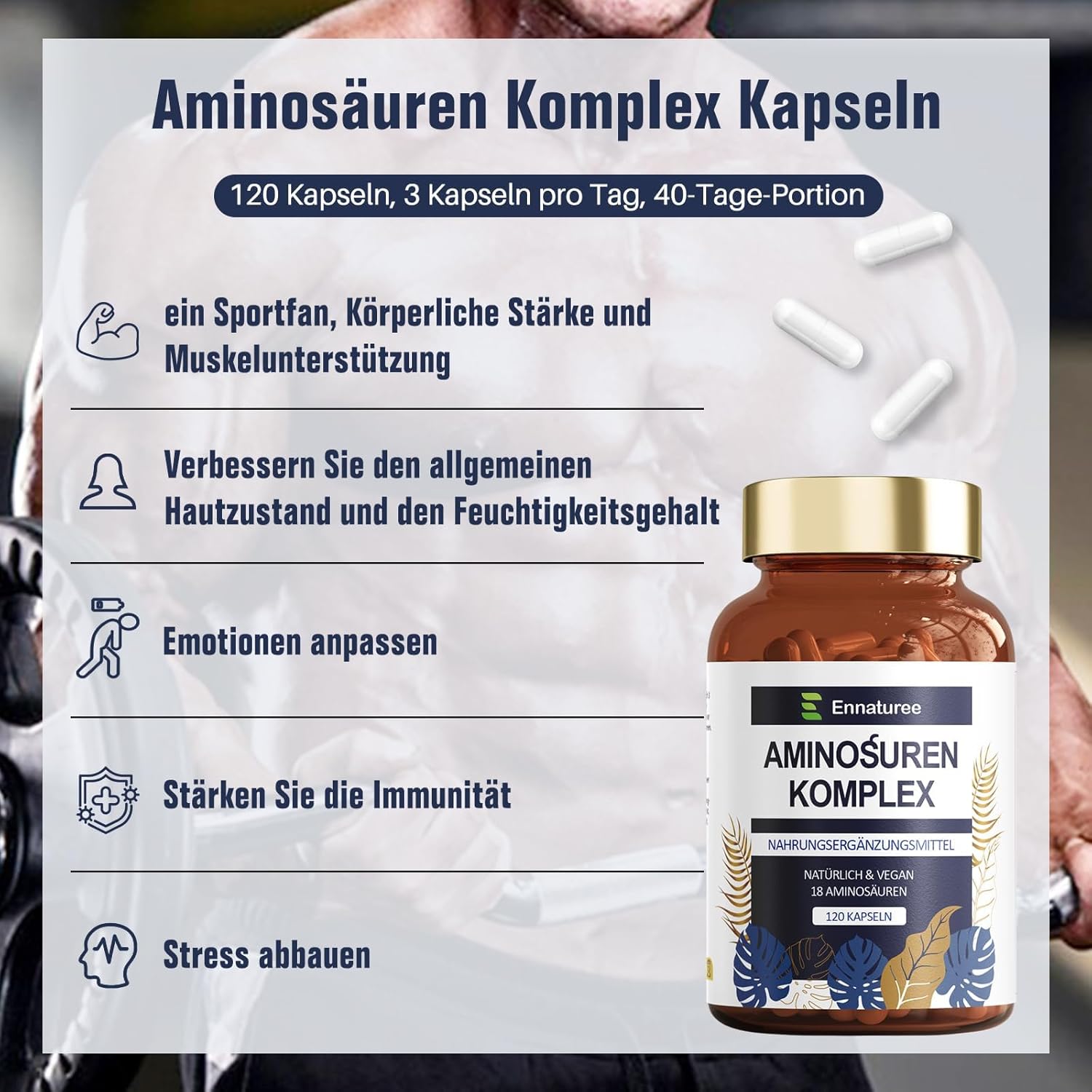 Ausdauer & Energie – 18 Amino Acids Complex High Dose - 9 EAA + 9 NEAA Amino Acids Capsules with BCAA - 120 Capsules – Bild 5