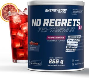 Ausdauer & Energie – Energybody® No Regrets Preworkout Booster 256 g for Strength Training, Endurance or Gaming/Strong Caffeine Booster with BCAA Arginine, Beta-Alanine, Taurine - Purple Orange Flavour - 18 Servings