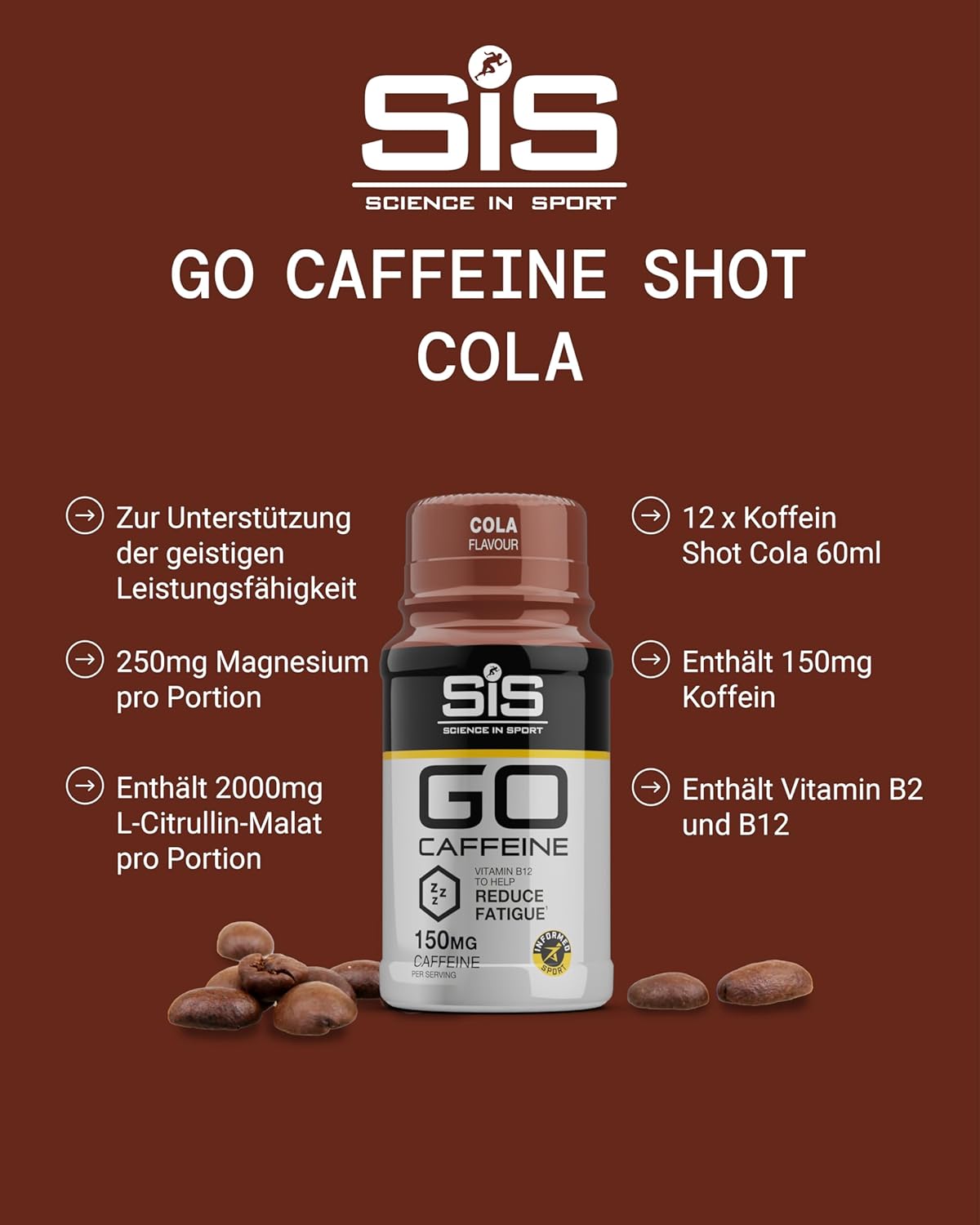 Ausdauer & Energie – Science in Sport GO Caffeine 12 x 60 ml Cola Caffeine Shots with 150 mg Caffeine per Shot, Pre Workout Booster with Valuable Vitamin B2, Vitamin B12 and Magnesium – Bild 2