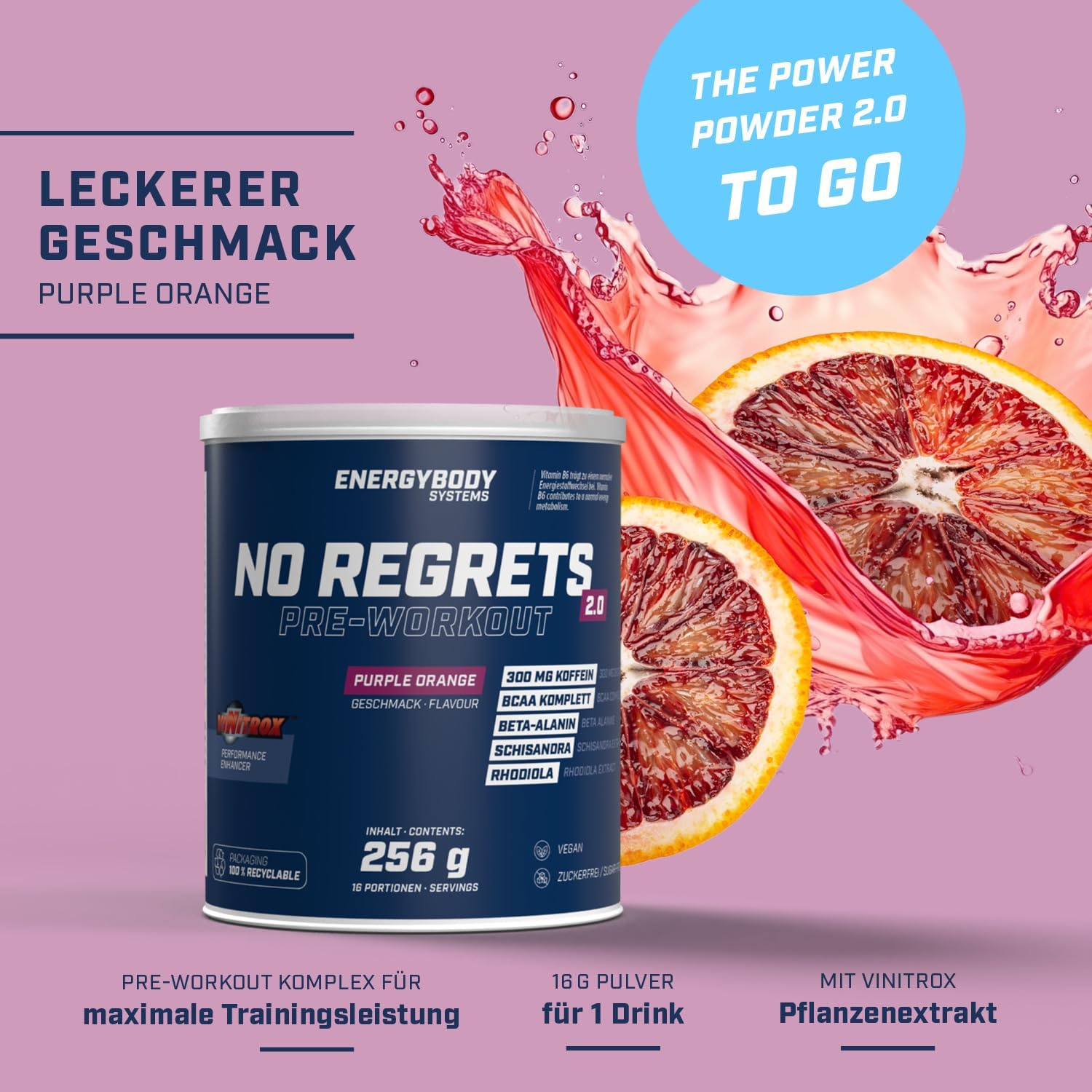 Ausdauer & Energie – Energybody® No Regrets Preworkout Booster 256 g for Strength Training, Endurance or Gaming/Strong Caffeine Booster with BCAA Arginine, Beta-Alanine, Taurine - Purple Orange Flavour - 18 Servings – Bild 2
