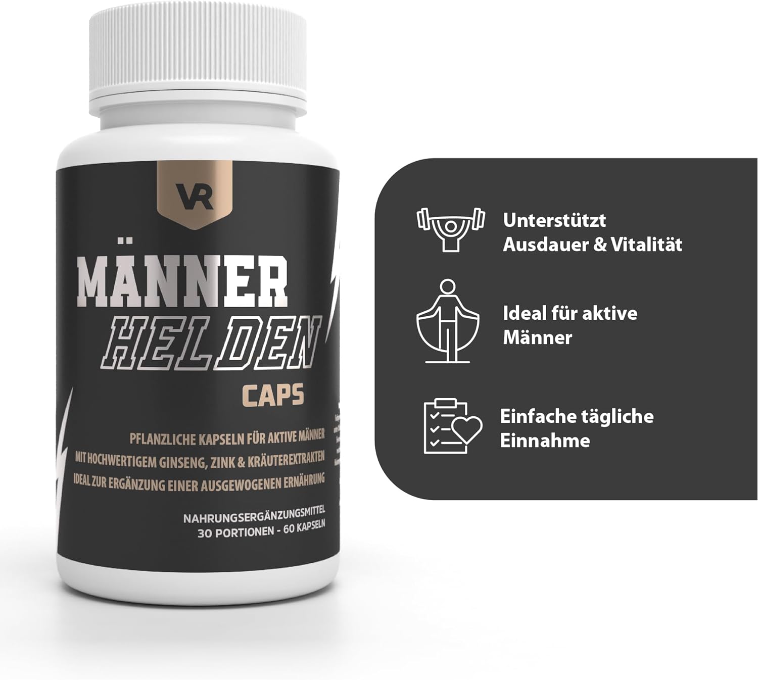 Potenzmittel & Standfestigkeit – Men's Hero Caps - 60 Capsules - Ginseng, Zinc, Bioperine & Plant Extracts for Men - Energy, Endurance & Focus - Vegan & No Additives - Made in the EU - Laboratory Tested Quality – Bild 3