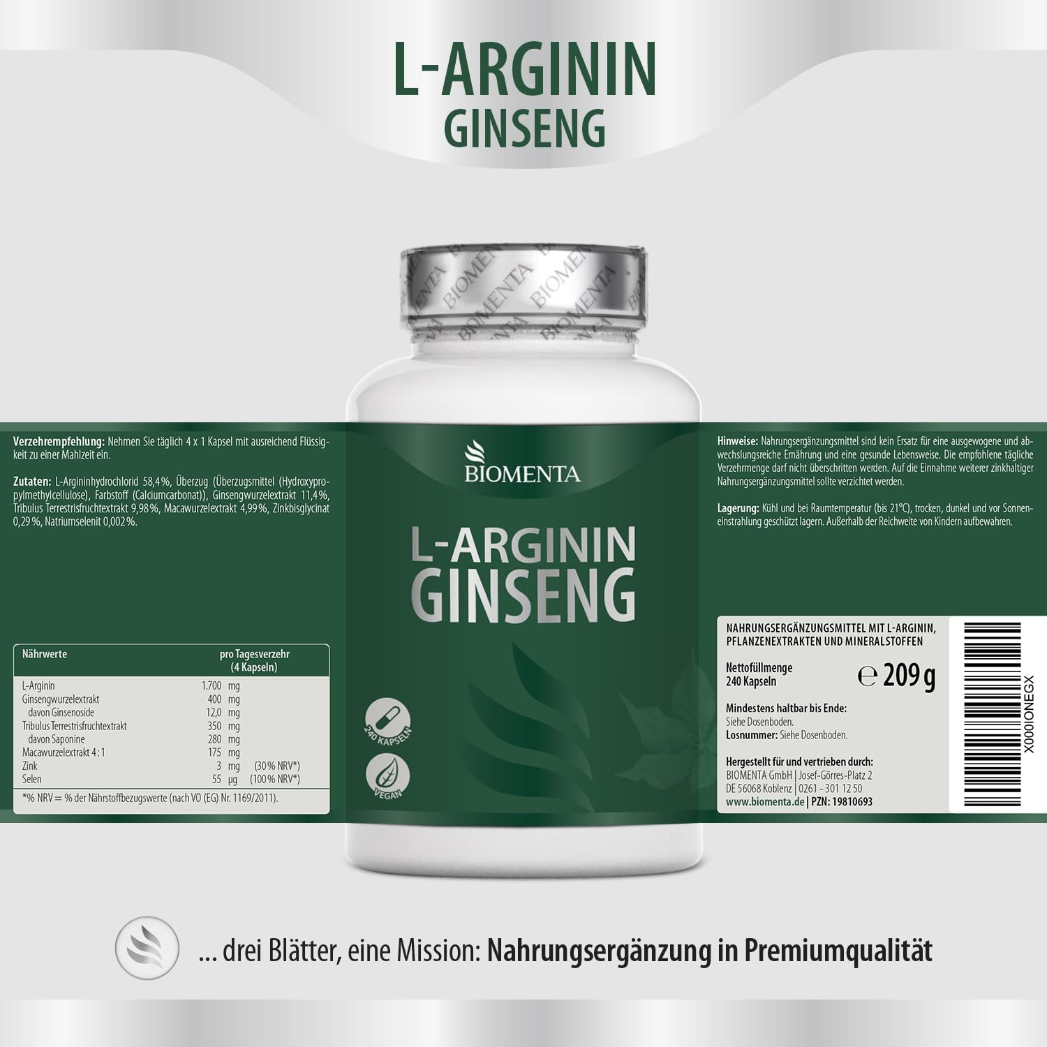 Potenzmittel & Standfestigkeit – BIOMENTA Arginine Ginseng - 240 Amino Acid Capsules High Dose - Active Ingredient Complex with L-Arginine, Ginseng Root, Maca, Tribulus Terrestris, Zinc, Selenium - Vegan - Premium Quality – Bild 3