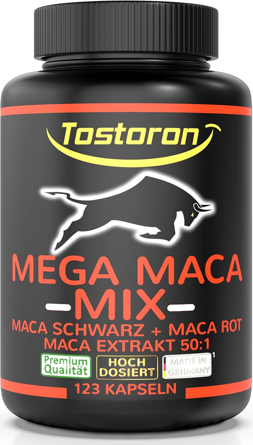 Ausdauer & Energie – Tostoron Mega Maca Mix High Dose – Get the Tostoron Hammer Directly Home! 123 Capsules with Maca Black + Maca Red + Maca Extract 50:1 | Plus Vitamin B5, Selenium, Zinc - 1 Tin (1 x 103.2 g)