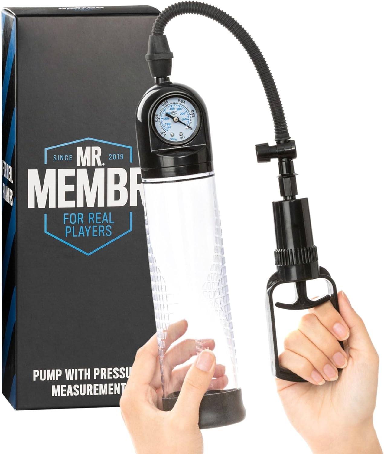 Penisvergrößerung & Pflege – MR.MEMBR Pump with Pressure Gauge - Manual Pump for an Extra Full and Strong Erection - Vacuum Pump for Enlargement - Vacuum Pump for Men - 28 cm - Clear
