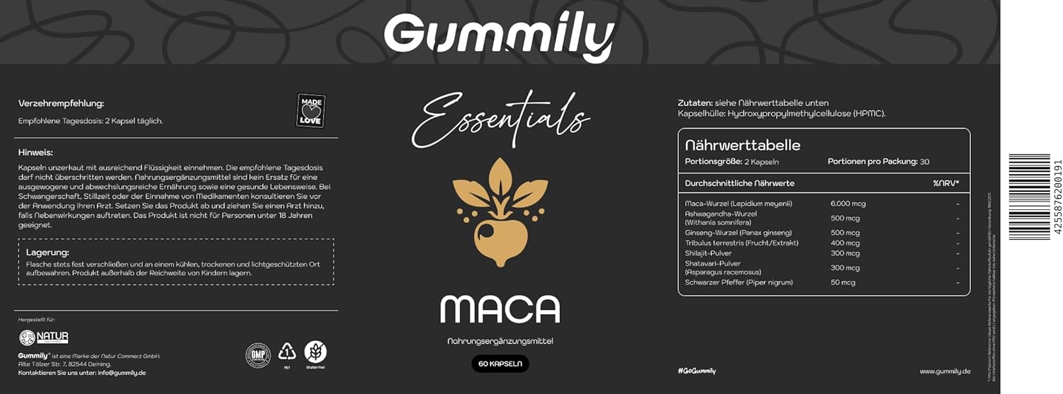 Potenzmittel & Standfestigkeit – Maca Complex Capsules - High Dose - Maca - Ashwagandha - Ginseng - Tribulus - Shilajit - Shatavari - Black Pepper - 60 Capsules - Vegan Gummily – Bild 6
