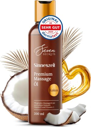 Penisvergrößerung & Pflege – Premium Massage Oil for Enjoyable Massages 200 ml (Dermatest: Very Good), Massage Oil with Valuable Coconut Oil for Intensive Care