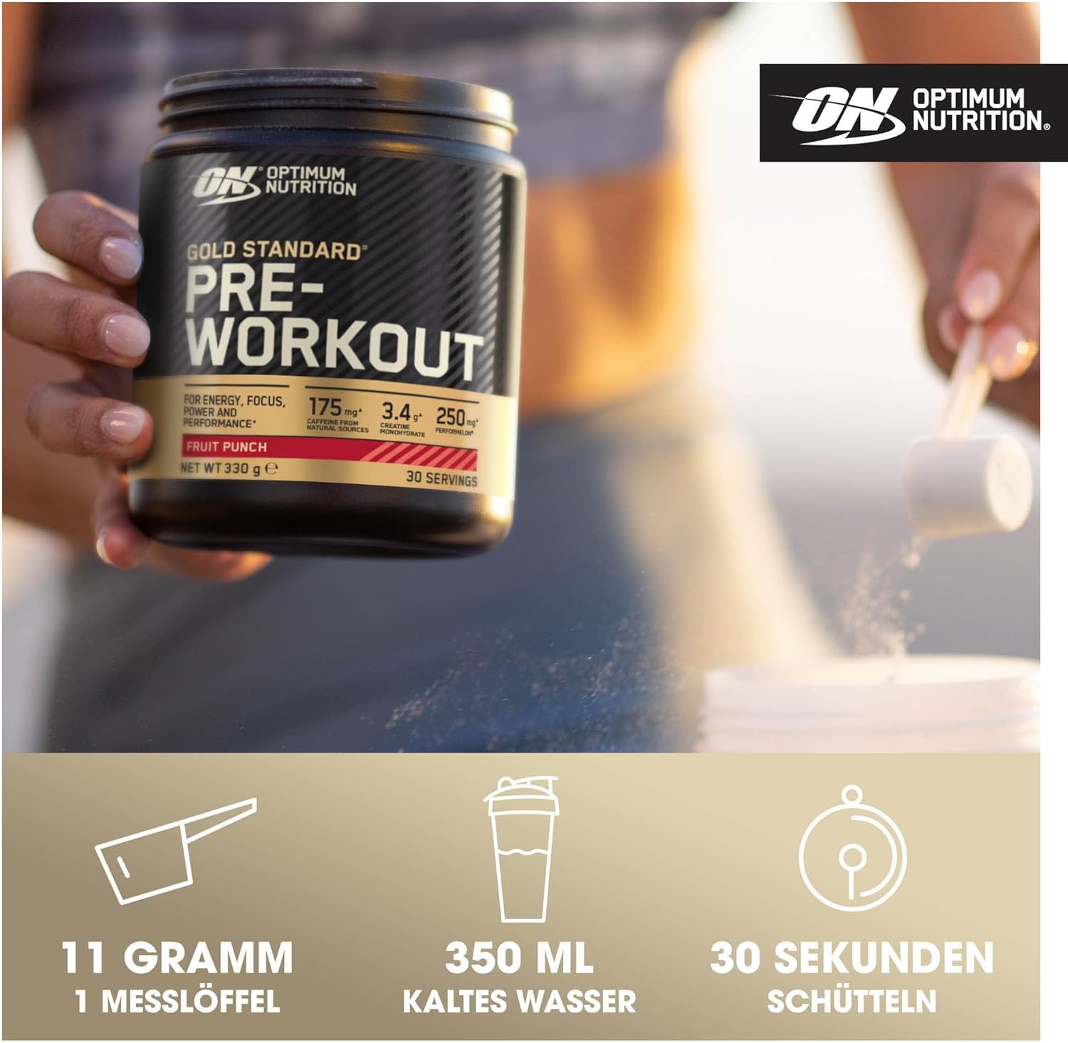 Ausdauer & Energie – Optimum Nutrition Gold Standard Pre Workout Energy Drink Powder with Creatine Monohydrate, Beta Alanine, Caffeine and Vitamin B Complex, Fruit Punch, 30 Servings, 330g – Bild 4