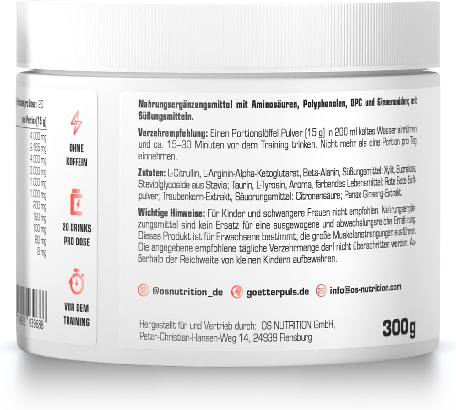 Ausdauer & Energie – OS NUTRITION Götterpuls NULL Caffeine-free Premium Pre Workout Booster Raspberry Powder, 300 g – Bild 3