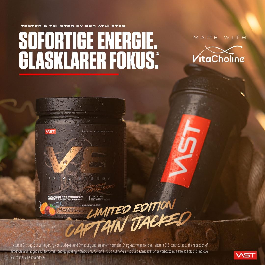 Ausdauer & Energie – V8 Total Energy - Pre Workout Booster - Training Booster - CarnoSyn®, BetaPower®, Natural Caffeine - Vegan - Sugar Free - 20 Servings - Made in Germany (Orange Passionfruit) – Bild 2