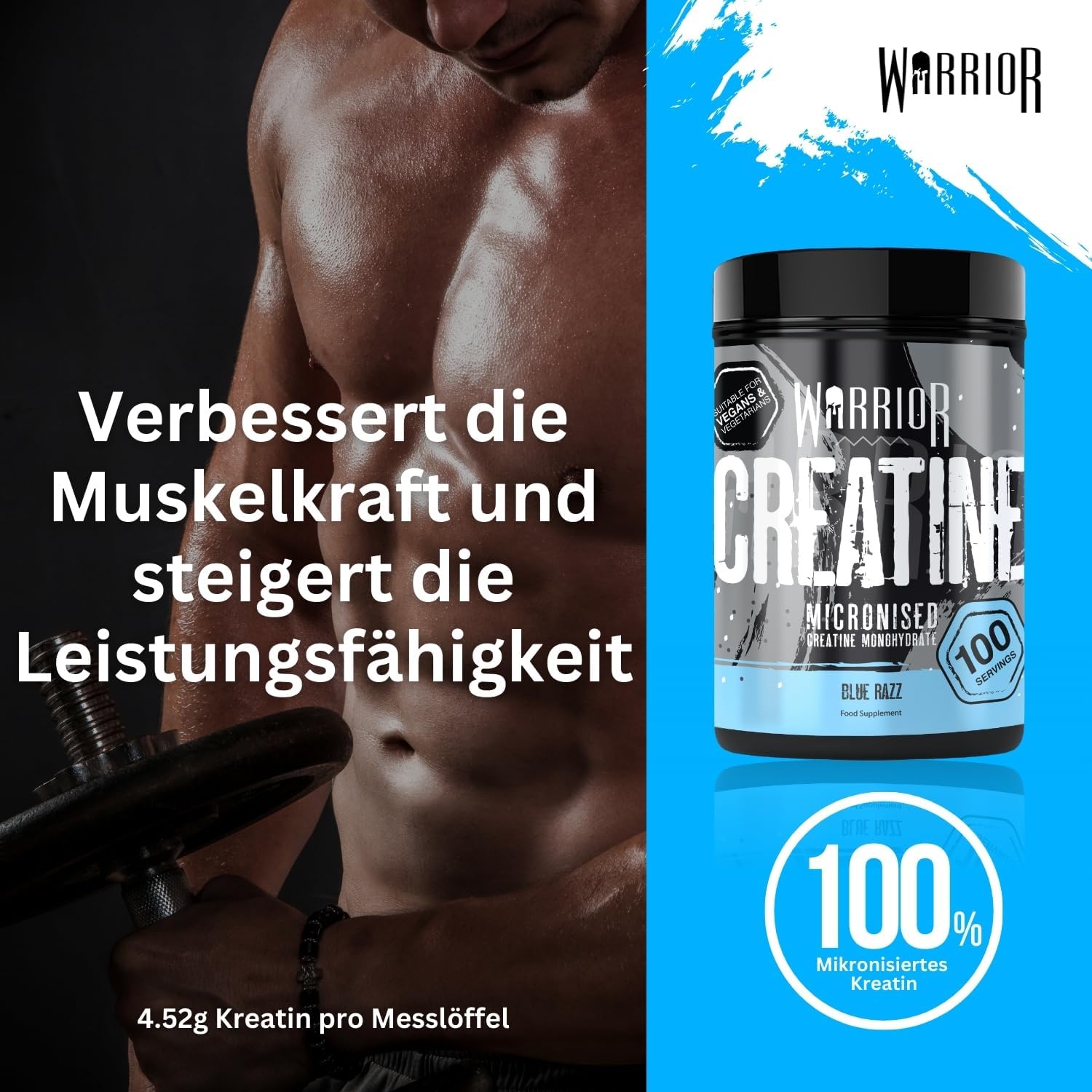 Ausdauer & Energie – Warrior Creatine Monohydrate Powder 500g (Blue Raspberry) - Micronised - Proven to Improve Physical Performance and Regeneration (as Tablets, No Gummies) - 5g Per Serving – Bild 6