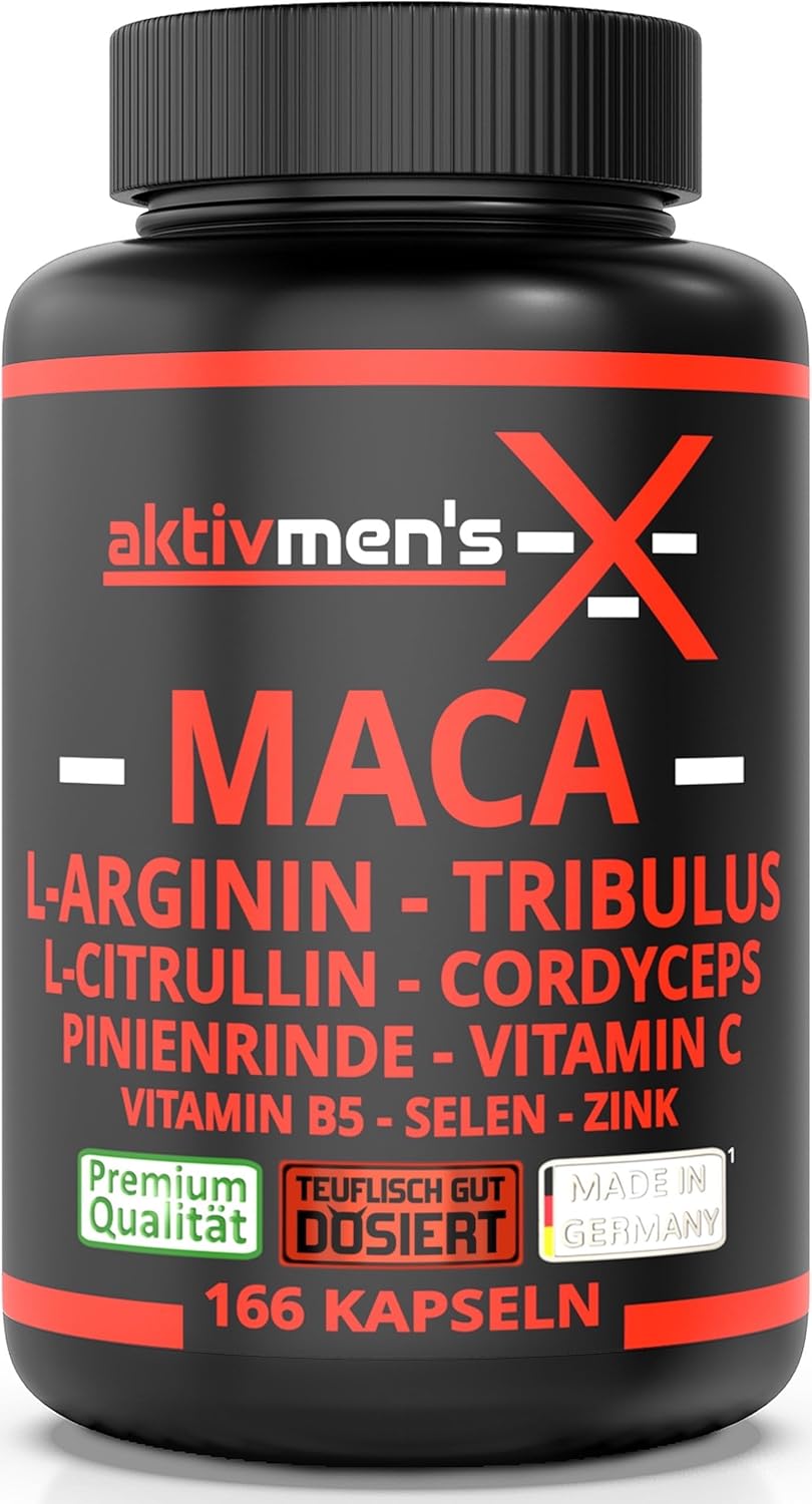 Potenzmittel & Standfestigkeit – aktivmen's X Maca Black - Devilish Good Dose - 166 Capsules + L-Arginine, L-Citrulline, Cordyceps, Tribulus, Pine Bark Extract, Selenium, Vitamin C + B5, Zinc, 1 Can (1 x 135.6 g)