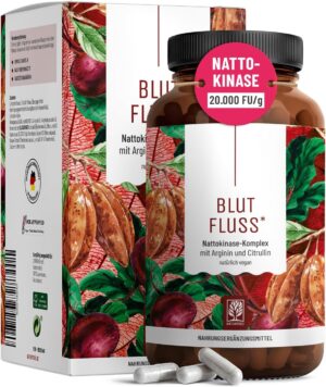 Ausdauer & Energie – NATURTREU® Blood Flow Nattokinase Capsules with Citrulline & High Dose L-Arginine - Complex of L-Arginine Base, L-Arginine (AAKG), L-Arginine HCL - 180 Vegan Capsules Made & Tested in Germany