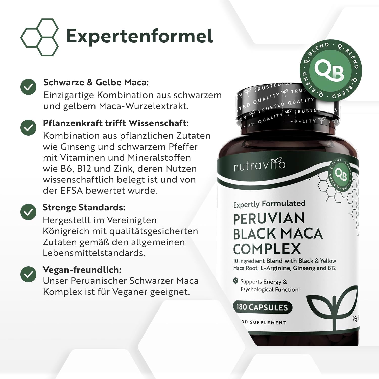 Potenzmittel & Standfestigkeit – Schwarzer Maca Komplex 6000mg mit Zink Ginseng, Bockshornklee, L Arginin, Vitamin B6 & Vitamin B12 für Energiestoffwechsel und Psychischen Funktion (EFSA) 180 Maca Kapseln für 6 Monate - Nutravita – Bild 4