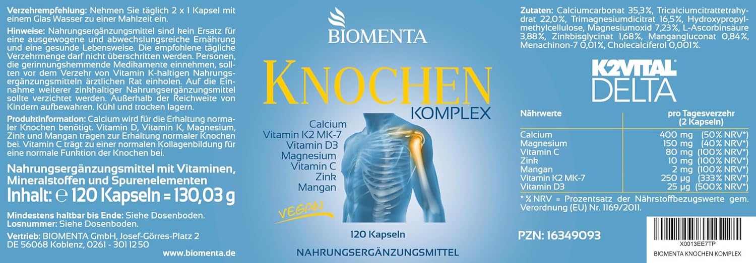 Potenzmittel & Standfestigkeit – BIOMENTA Bone Complex - 120 Vegan, High Dose Bone Capsules with Calcium + Vitamin K2 MK-7, D3, C + Magnesium + Zinc + Manganese - Premium Quality – Bild 2
