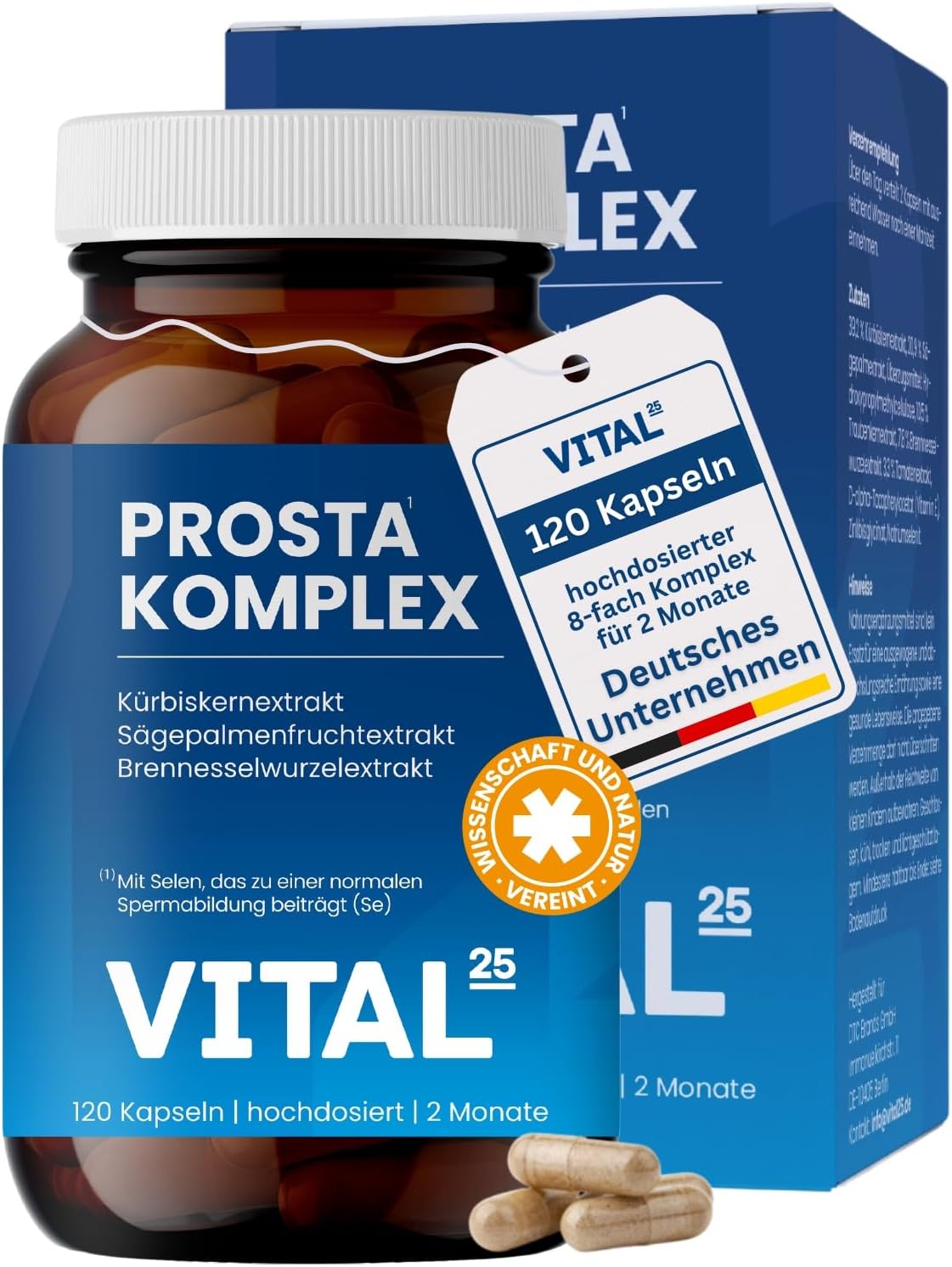 Ausdauer & Energie – Prosta Complex Capsules in Brown Glass - High Dose with Saw Palmetto Extract, Nettle, Pumpkin Seed, OPC, Lycopene, Vitamin E, Zinc, Selenium - Vegan - 120 Capsules for 2 Months Vital25®