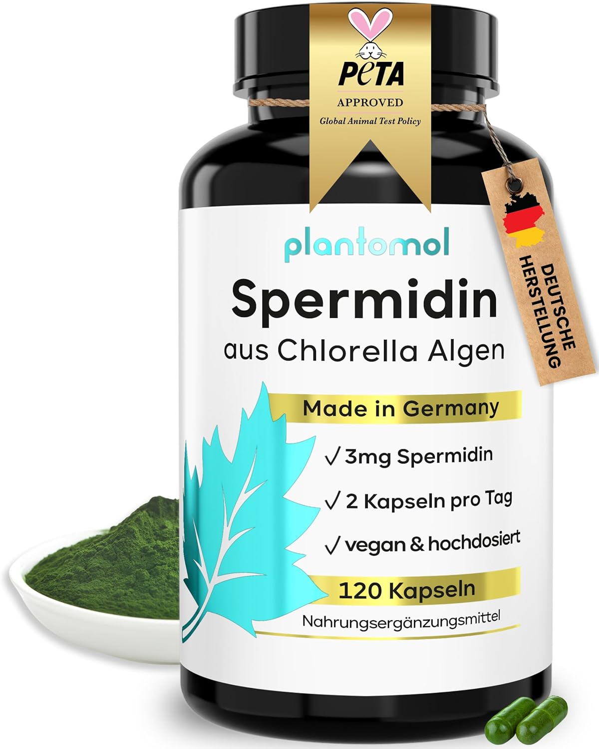 Potenzmittel & Standfestigkeit – 120 idine Capsules High Dose from Chlorella Algae Extract - High Natural Chlorophyll Content + 3 mg idine - 2 Month Supply - Free from Wheat Germ Extract and Gluten - plantomol®