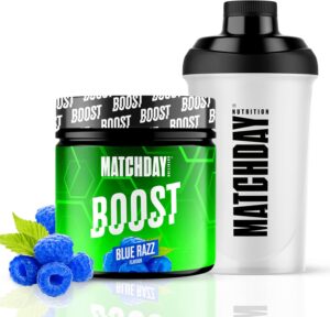 Ausdauer & Energie – MATCHDAY NUTRITION Boost Especially for Footballers I Starter Pack Blue Razz with Shaker I 90 Minutes Full Gas I ATP Booster with Amino Acids & Carbohydrates I More Speed & Endurance I 20 Servings