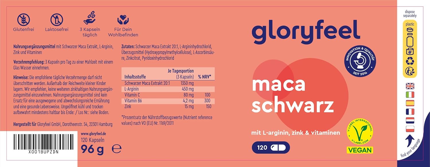 Potenzmittel & Standfestigkeit – Maca Capsules 27000 mg (20:1 Extract) + L-Arginine, Vitamin B6, B12 & Zinc - Maca Powder Black High Dose - Vegan, Laboratory Tested, No Additives Made in Germany – Bild 8