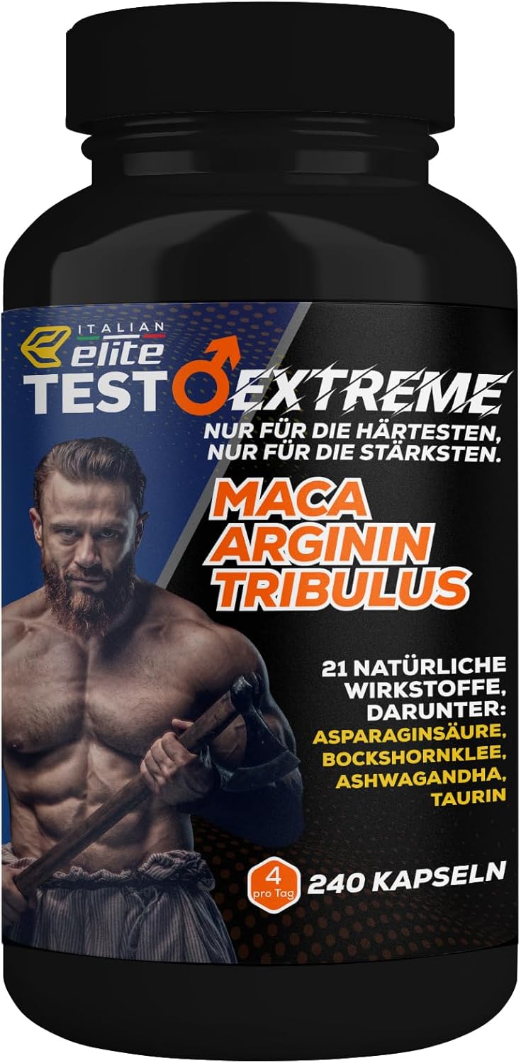 Ausdauer & Energie – Italian Elite® Testo Extreme 240 Capsules Maca 8000 mg Natural Booster with Tribulus, Fenugreek, Zinc, Arginine, Ashwagandha, Vitamins and Minerals. Power, Energy, Resistance