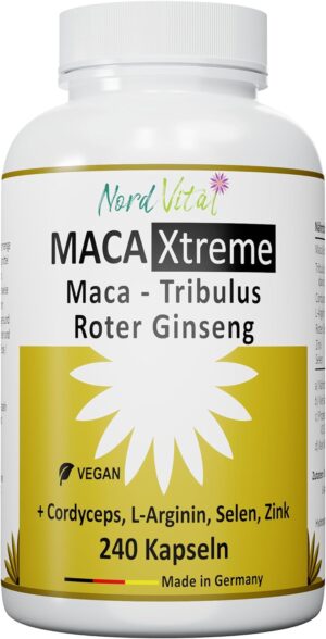 Potenzmittel & Standfestigkeit – Nord Vital Maca Capsules with Cordyceps, L-Arginine and Tribulus Terrestris - Ultra High Dose - with Zinc and Selenium - 240 Vegan Capsules - Made in Germany - High-Quality Formula
