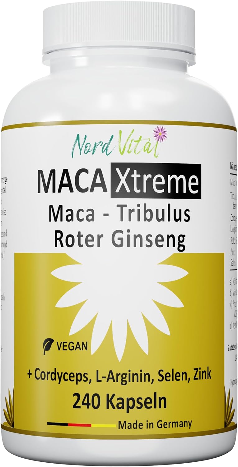 Potenzmittel & Standfestigkeit – Nord Vital Maca Capsules with Cordyceps, L-Arginine and Tribulus Terrestris - Ultra High Dose - with Zinc and Selenium - 240 Vegan Capsules - Made in Germany - High-Quality Formula