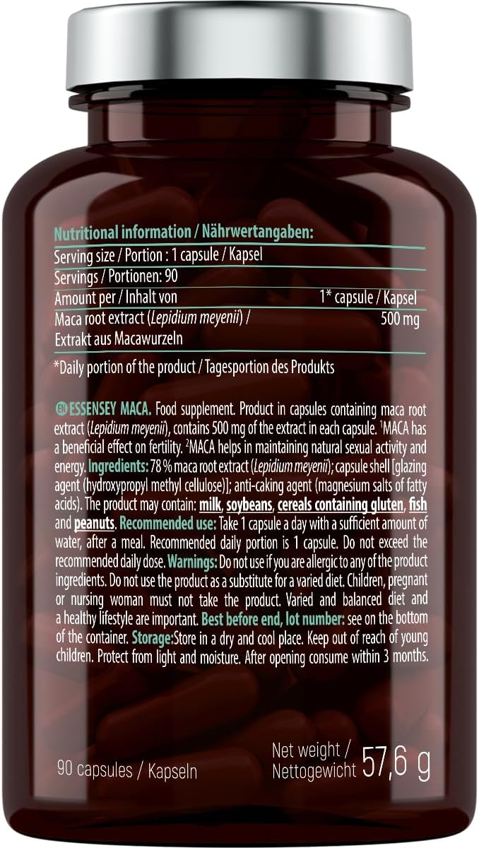Potenzmittel & Standfestigkeit – ESSENSEY - 500 mg Maca Extract, Adaptogenic Plant, 90 Capsules, Endurance and Vitality, Vegetarian & No Additives, 90 Daily Doses, Easy to Swallow, Laboratory Tested – Bild 4