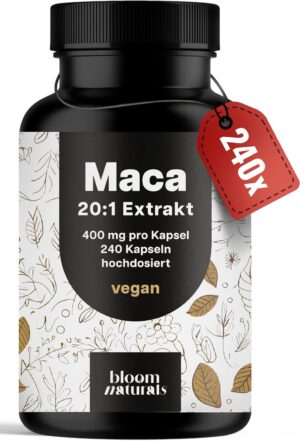 Potenzmittel & Standfestigkeit – Maca Capsules Gold High Dose 20:1 Extract - 8000mg per Capsule - 240 Capsules - Vegan & Produced in Germany Laboratory Tested - Packaging May Vary