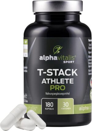Ausdauer & Energie – T-STACK Athlete Pro - 180 DAA Capsules with Zinc, Tribulus, D-Aspartic Acid, Maca Extract, Vitamins and Minerals - Athlete Stack Capsules Workout Booster alphavitalis