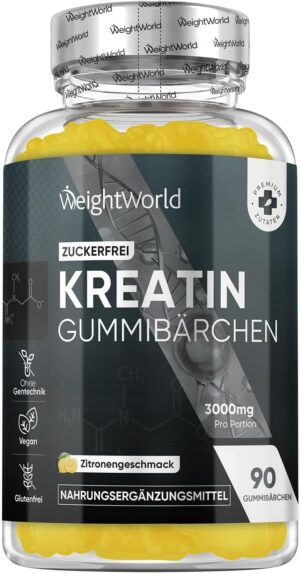 Ausdauer & Energie – Creatine Monohydrate Gummy Bears - 3000 mg Creatine per Serving - 90 Gummies Without Sugar - Delicious Creatine Gummies with Lemon Flavour - No GMO - Vegan Gummy Bears by WeightWorld